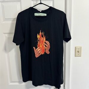 Off-White Black Tee with Flame and Hands Design